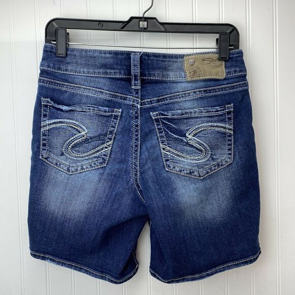 Silver Suki Mid Shorts Sz 27 (28"Waist) Stretch Denim Jean Dark Wash Distress - Picture 2 of 12